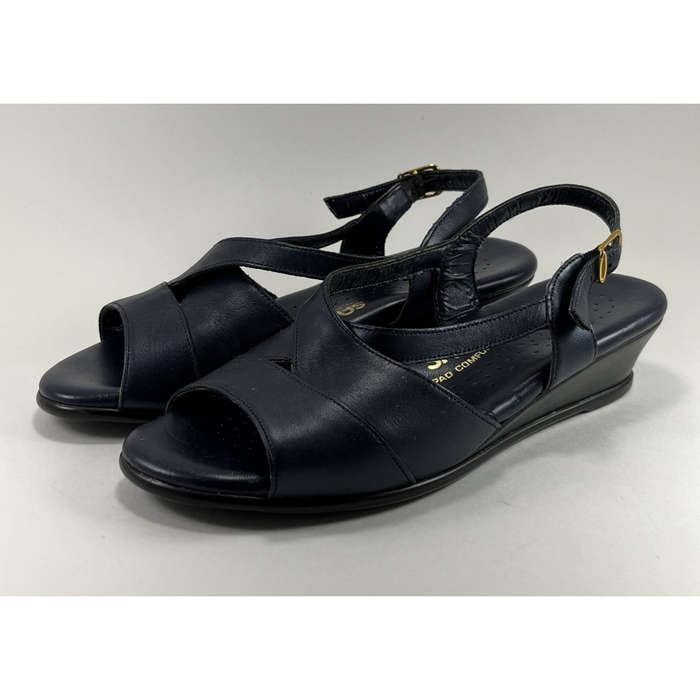 SAS Caress Wedge Sandals Navy Size 7 M Blue Slingback Leather Tripad Comfort - Picture 2 of 11